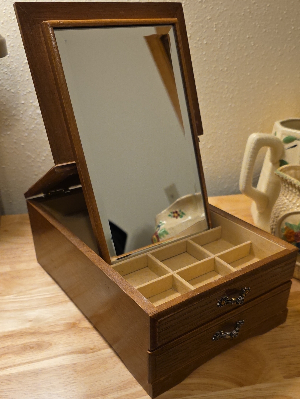 Vintage Mid-Century Wooden Jewelry Box Featuring Built-in Beveled Mirror